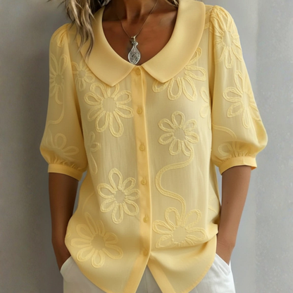 CECILIA – Women's Blouse with Peter Pan Collar and Floral Embroidery