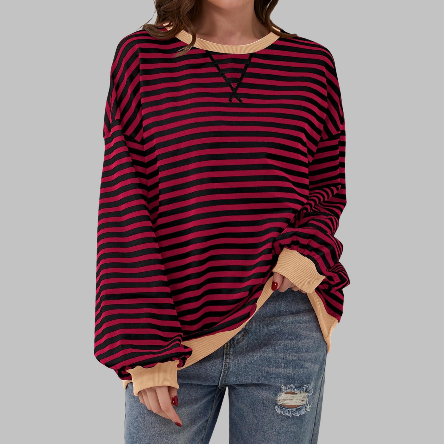 aiko | Classic Striped Crewneck Long-Sleeve Sweatshirt