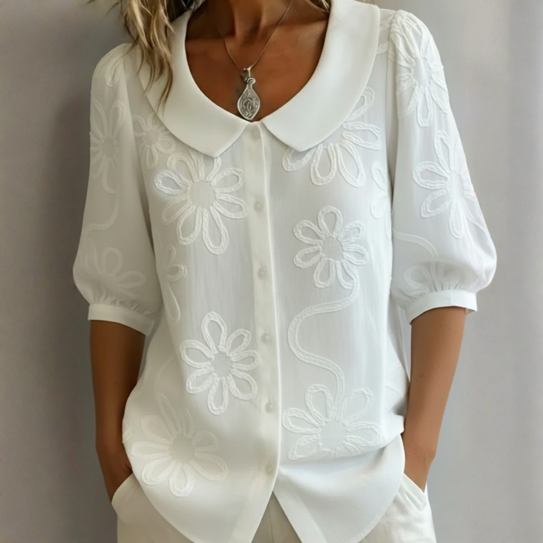 CECILIA – Women's Blouse with Peter Pan Collar and Floral Embroidery