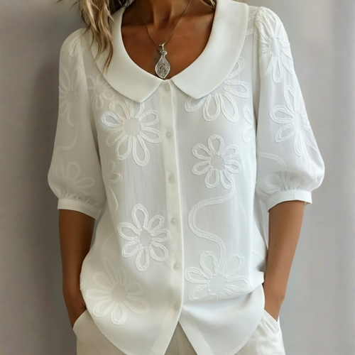 CECILIA – Women's Blouse with Peter Pan Collar and Floral Embroidery