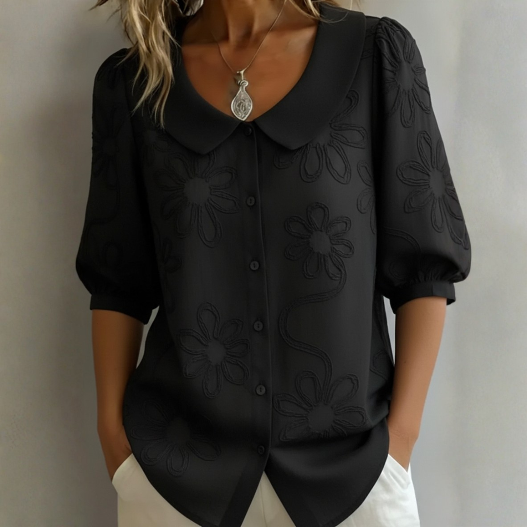 CECILIA – Women's Blouse with Peter Pan Collar and Floral Embroidery