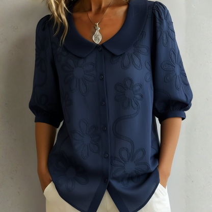 CECILIA – Women's Blouse with Peter Pan Collar and Floral Embroidery