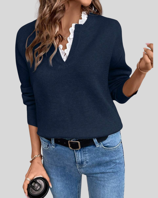 AURLYS™ Delicacy V-Neck Sweater | Elegant Lace Trim Knit