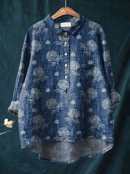 Elara™ | Timeless Printed Linen Blouse