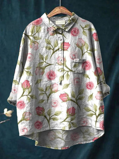 Elara™ | Timeless Printed Linen Blouse